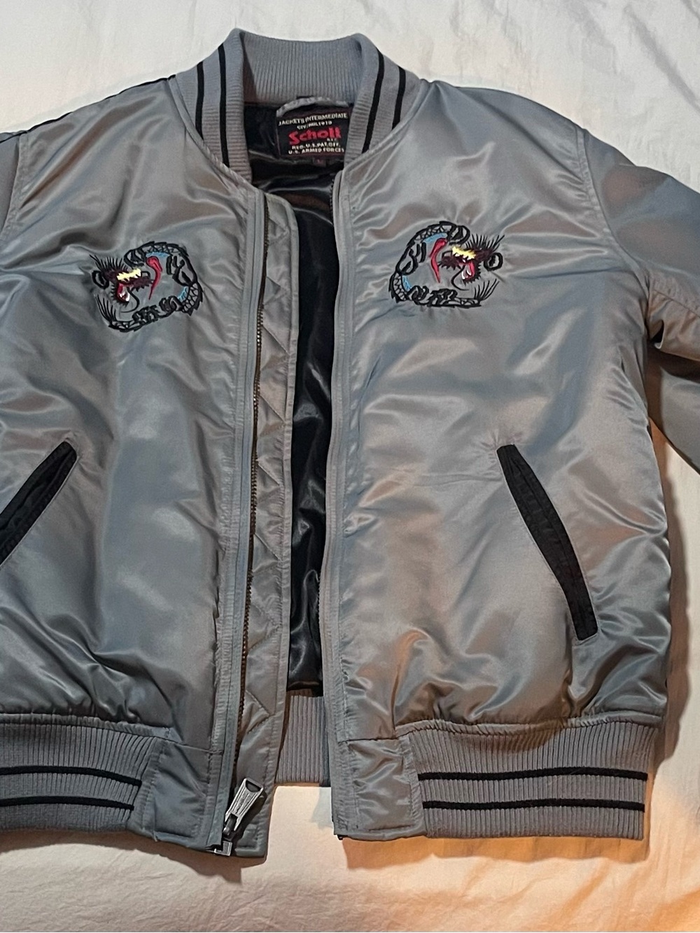 Schott NYC Silver Bomber Jacket with Dragon Embroidery